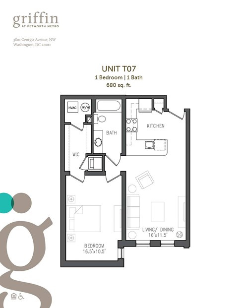 Floor plan for 1 bed, 1 bath, 695 sqft