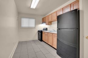 Hyattsville apartment for rent - A kitchen with a black refrigerator, wooden cabinets, and a window.