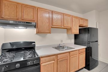 Hyattsville apartment for rent - A kitchen with wooden cabinets and a black refrigerator.