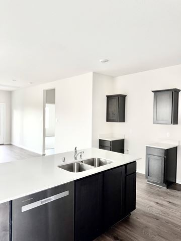 Blue Ridge apartment for rent - A modern kitchen with black cabinets and a white countertop.