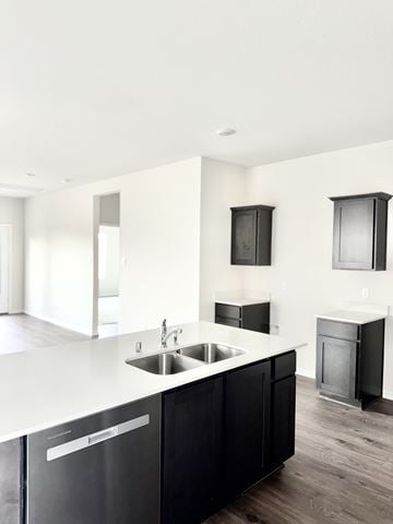 Blue Ridge apartment for rent - A modern kitchen with black cabinets and a white countertop.