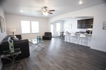 Dallas apartment for rent - A modern living room with a black couch and a kitchen in the background.