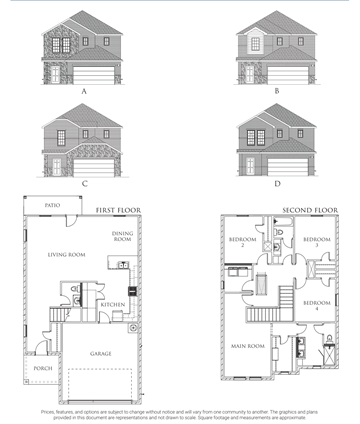 Red Oak apartment for rent - A set of four house plans labeled A, B, C, and D, with floor plans for the first and second floors.