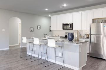 Red Oak apartment for rent - A kitchen with white cabinets and a stainless steel refrigerator.