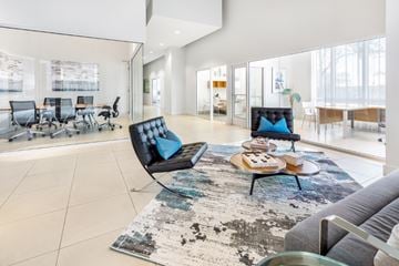 Plantation apartment for rent - A modern living room with a black and white rug and a black sofa.