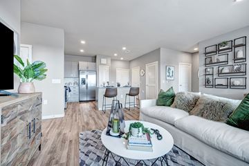 San Antonio apartment for rent - A modern living room with a white couch and a coffee table in the center.