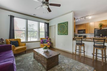 Hyattsville apartment for rent - A living room with a purple couch and a coffee table.