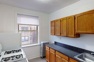 Chicago apartment for rent - A kitchen with a stove, sink, and window.