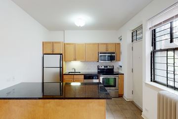 Chicago apartment for rent - A kitchen with wooden cabinets and a black countertop.