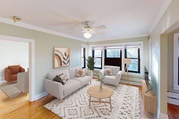Chicago apartment for rent - A living room with a grey couch and a patterned rug.