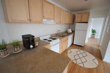 Chicago apartment for rent - A kitchen with wooden cabinets and a white fridge.