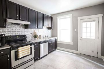 St. Louis apartment for rent - A kitchen with black cabinets and a white door.