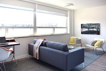 Kansas City apartment for rent - A blue couch with a blanket on it sits in a living room with a television and a desk with a laptop.