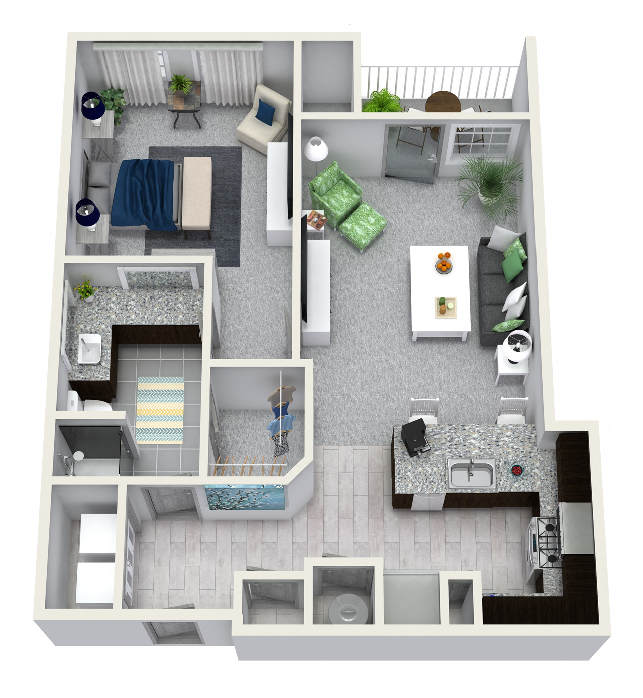 Floor plan for 1 bed, 1 bath, 744 sqft