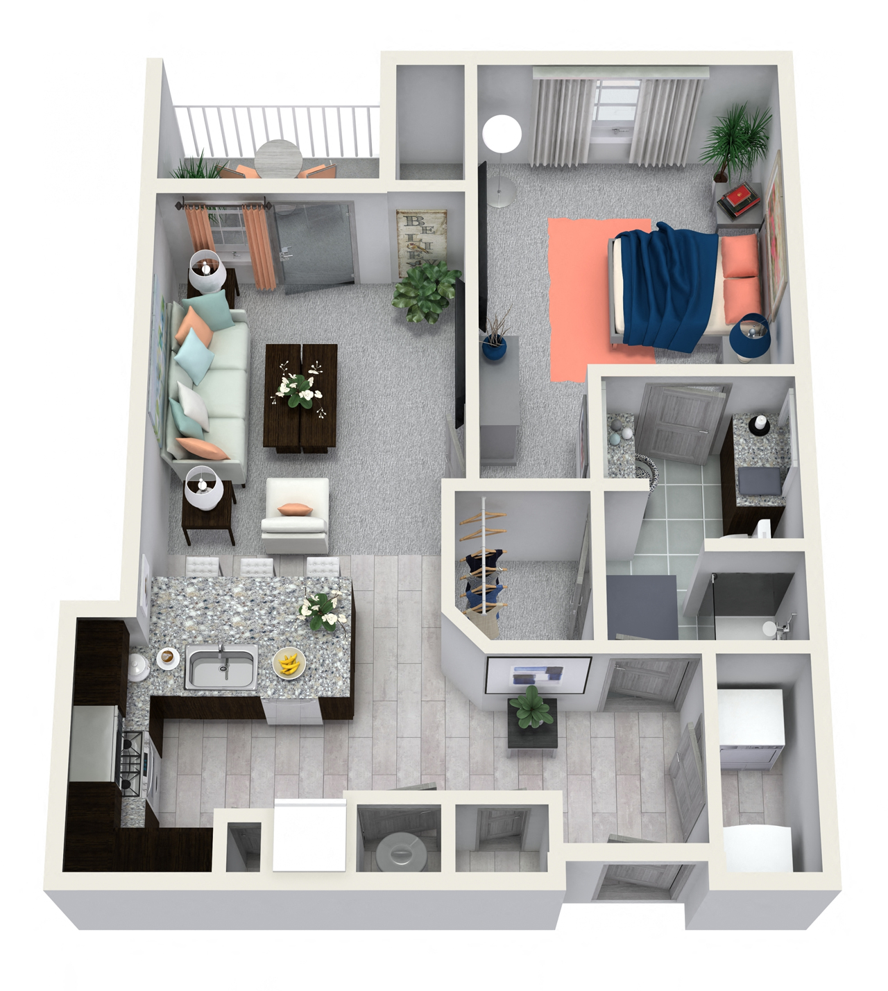 Floor plan for 1 bed, 1 bath, 734 sqft