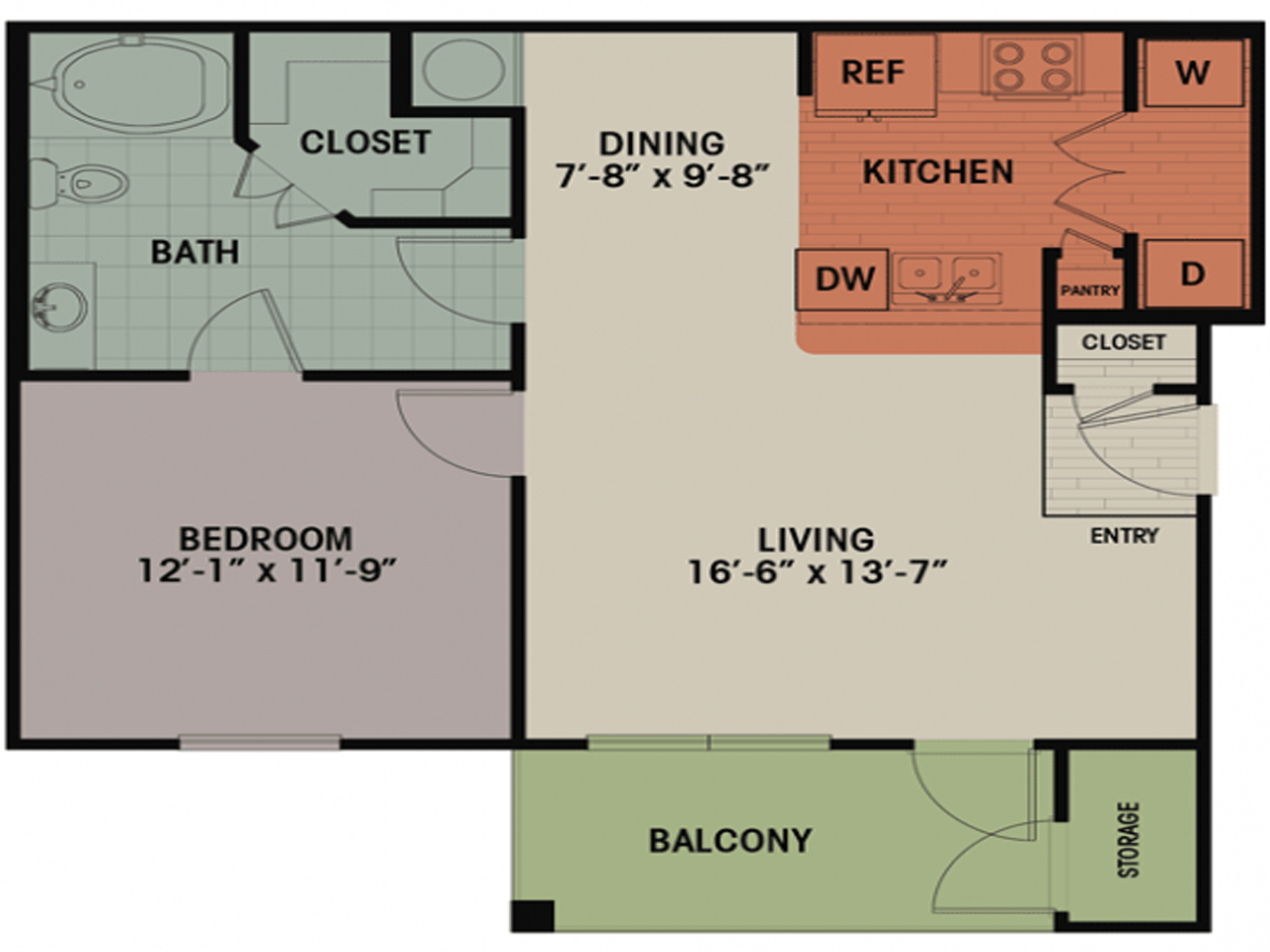 Floor plan for 1 bed, 1 bath, 716 sqft