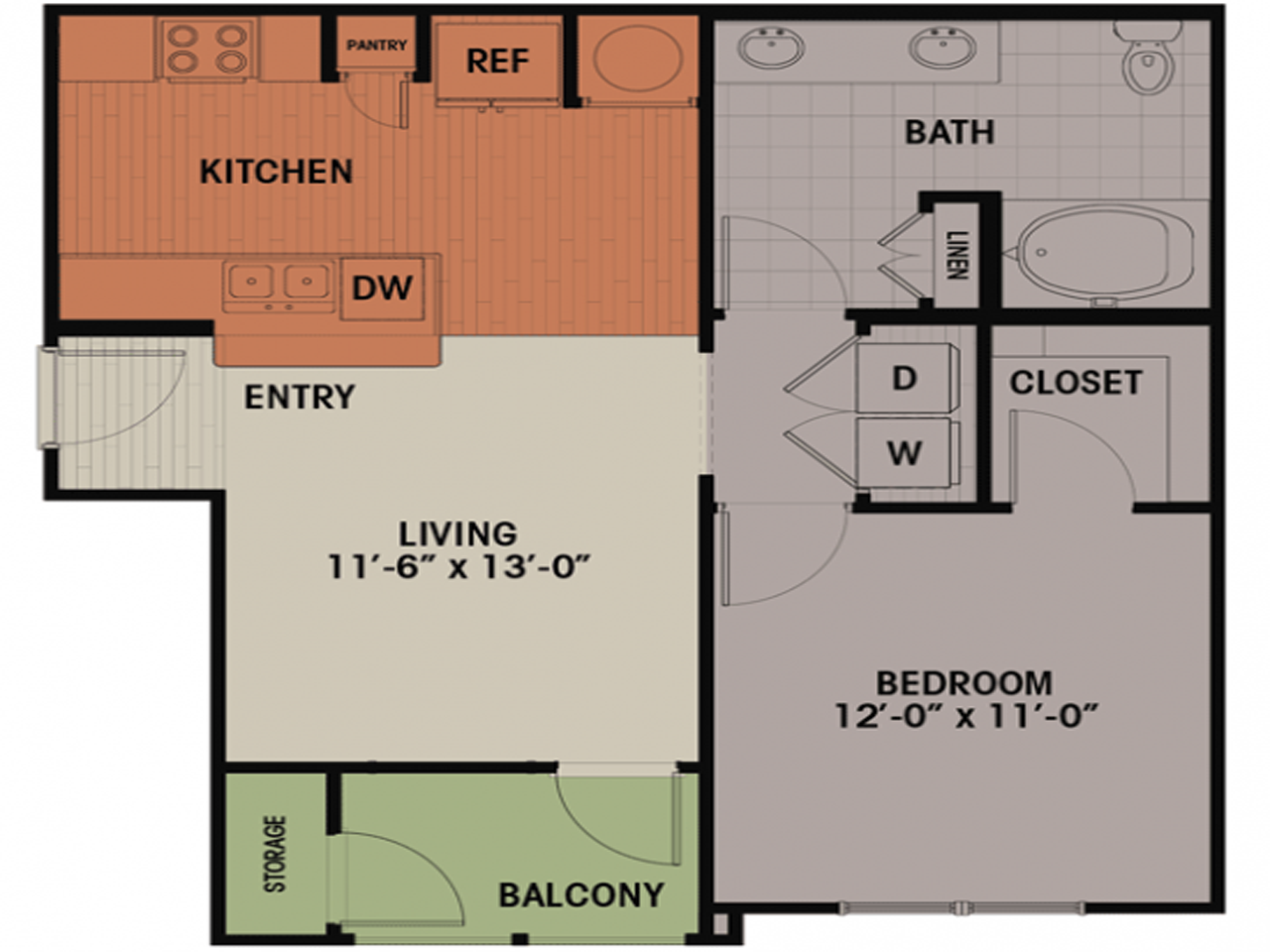 Floor plan for 1 bed, 1 bath, 727 sqft