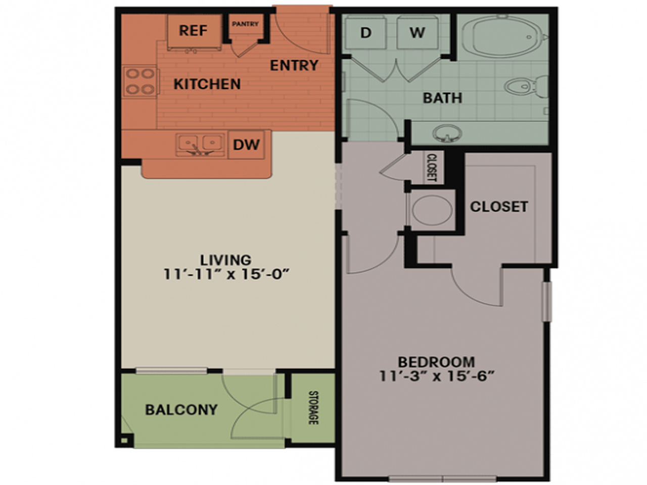 Floor plan for 1 bed, 1 bath, 753 sqft
