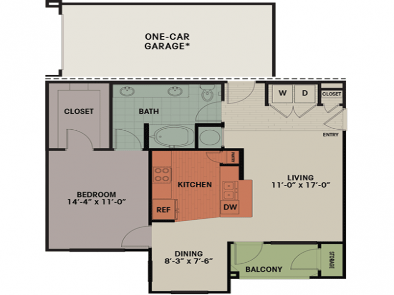 Floor plan for 1 bed, 1 bath, 858 sqft