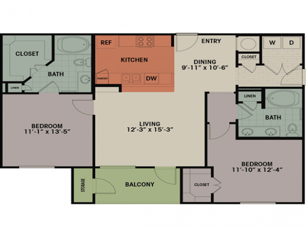 Floor plan for 2 beds, 2 baths, 1165 sqft