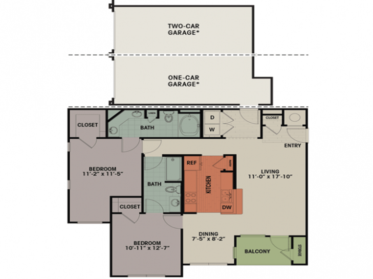 Floor plan for 2 beds, 2 baths, 1165 sqft