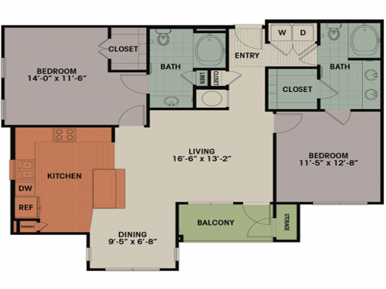 Floor plan for 2 beds, 2 baths, 1215 sqft