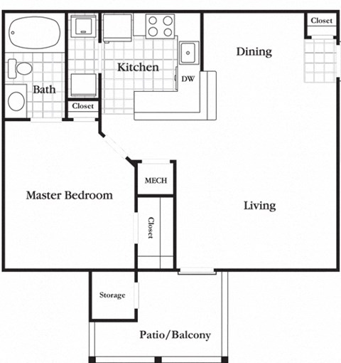 Floor plan for 1 bed, 1 bath, 805 sqft