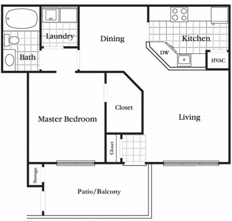 Floor plan for 1 bed, 1 bath, 944 sqft