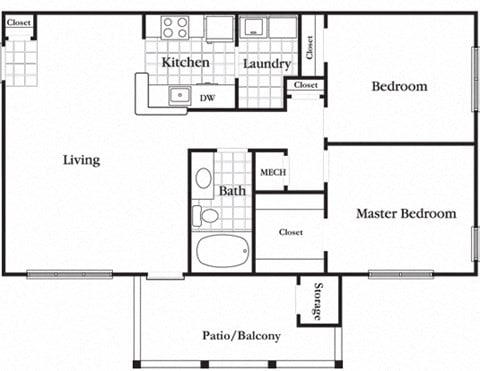 Floor plan for 2 beds, 1 bath, 1136 sqft