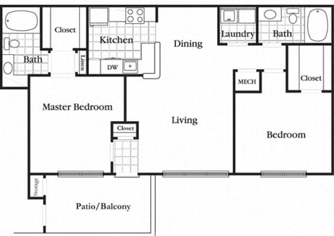 Floor plan for 2 beds, 2 baths, 1245 sqft