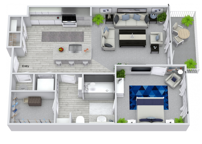 Floor plan for 1 bed, 1 bath, 718 sqft