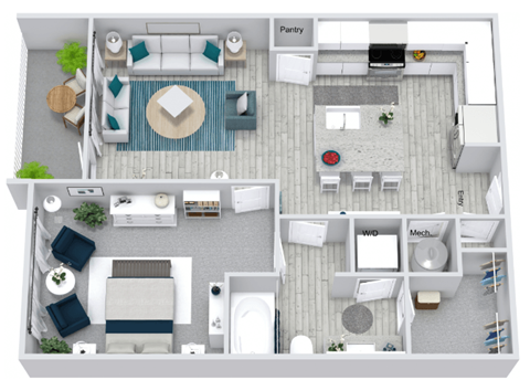 Floor plan for 1 bed, 1 bath, 715 sqft