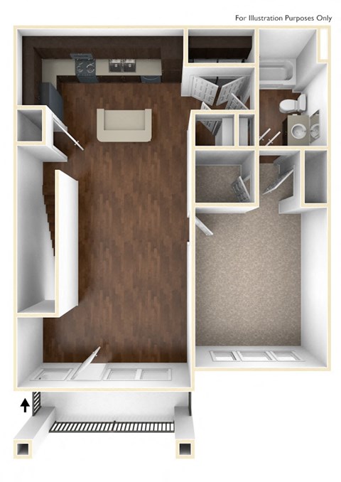 Floor plan for 1 bed, 1 bath, 857 sqft