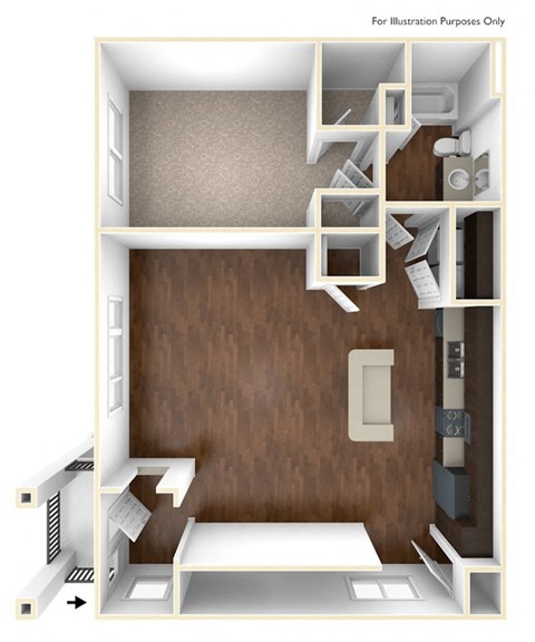 Floor plan for 1 bed, 1 bath, 909 sqft