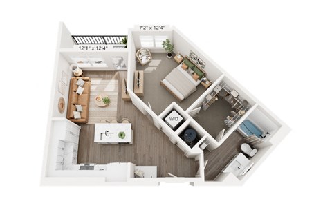 Floor plan for 1 bed, 1 bath, 763 sqft