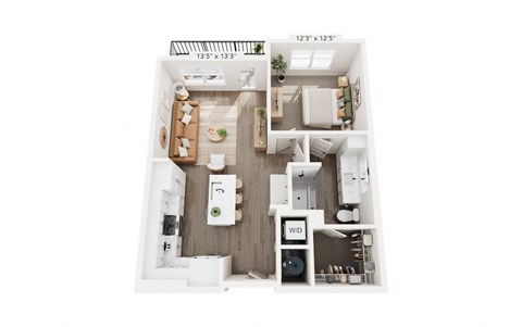 Floor plan for 1 bed, 1 bath, 734 sqft