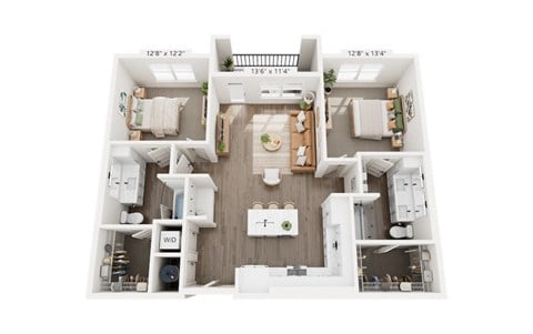 Floor plan for 2 beds, 2 baths, 1129 sqft