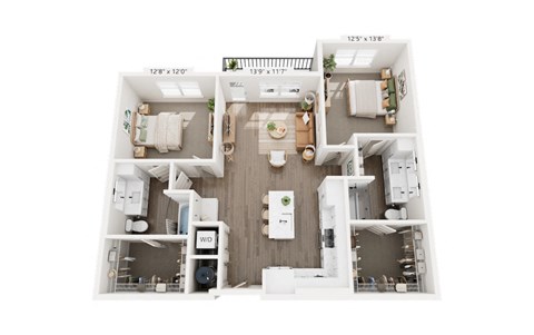 Floor plan for 2 beds, 2 baths, 1175 sqft