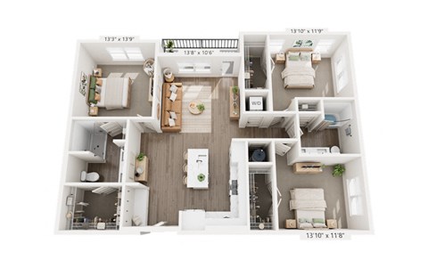 Floor plan for 3 beds, 2 baths, 1394 sqft