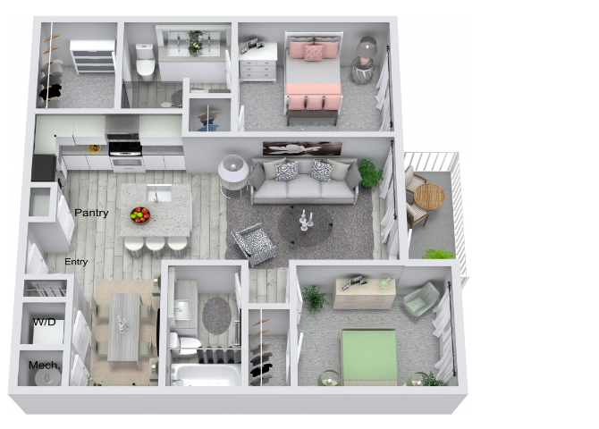 Floor plan for 2 beds, 2 baths, 1031 sqft