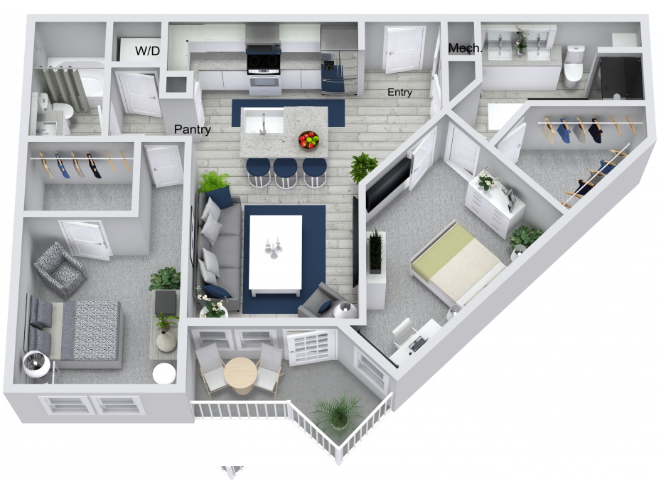 Floor plan for 2 beds, 2 baths, 1040 sqft