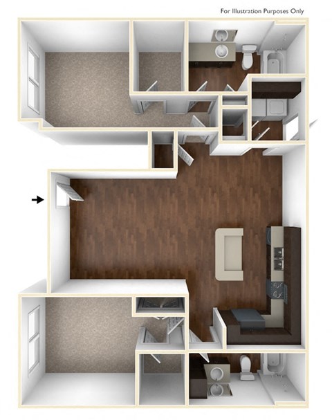 Floor plan for 2 beds, 2 baths, 1088 sqft