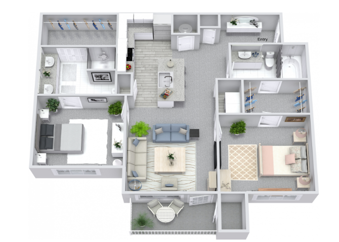 Floor plan for 2 beds, 2 baths, 1162 sqft