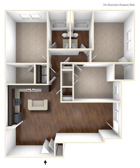Floor plan for 3 beds, 2 baths, 1334 sqft
