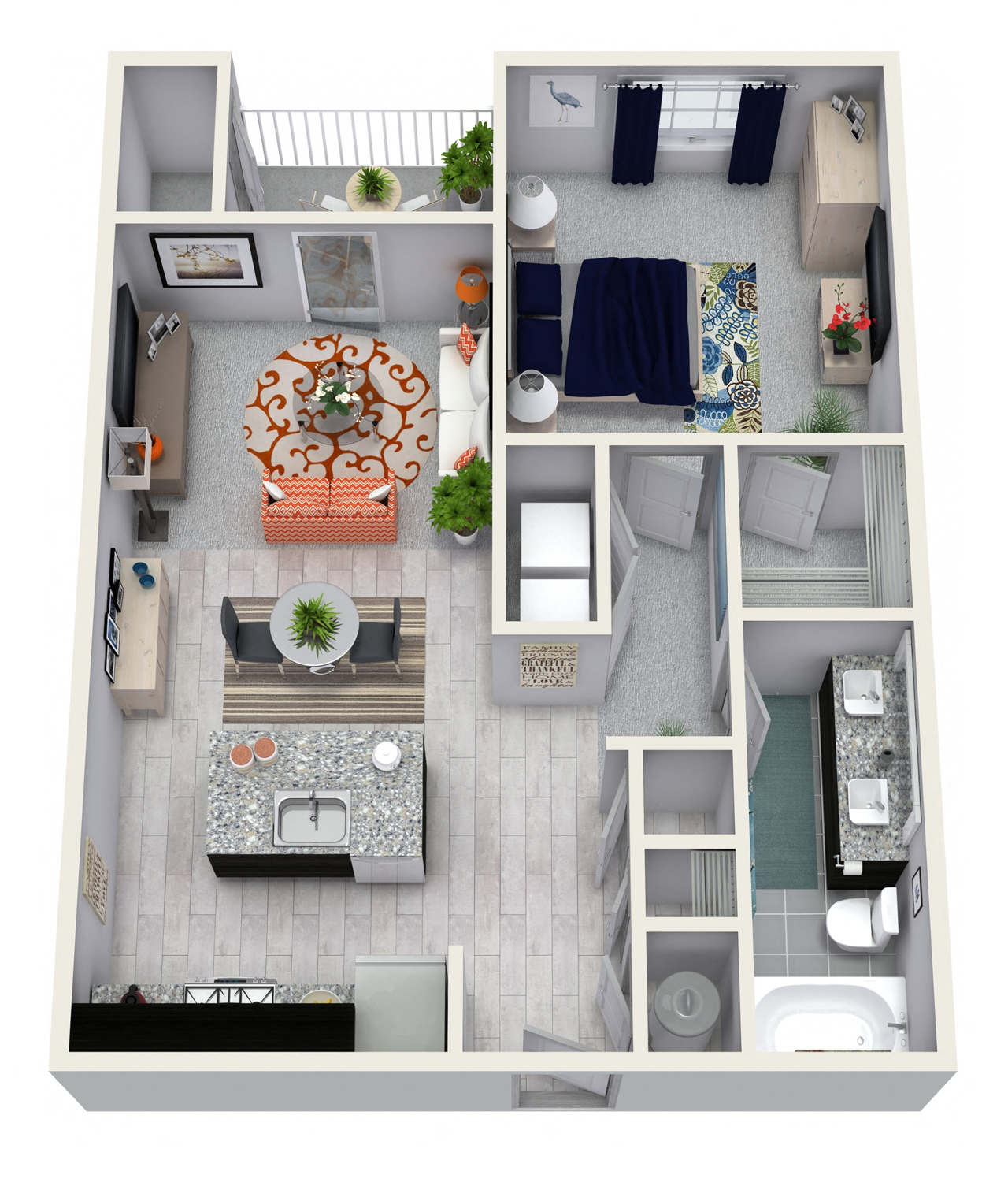 Floor plan for 1 bed, 1 bath, 735 sqft