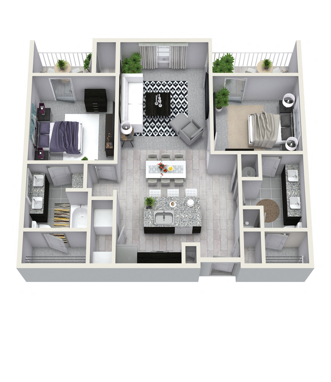 Floor plan for 2 beds, 2 baths, 1058 sqft