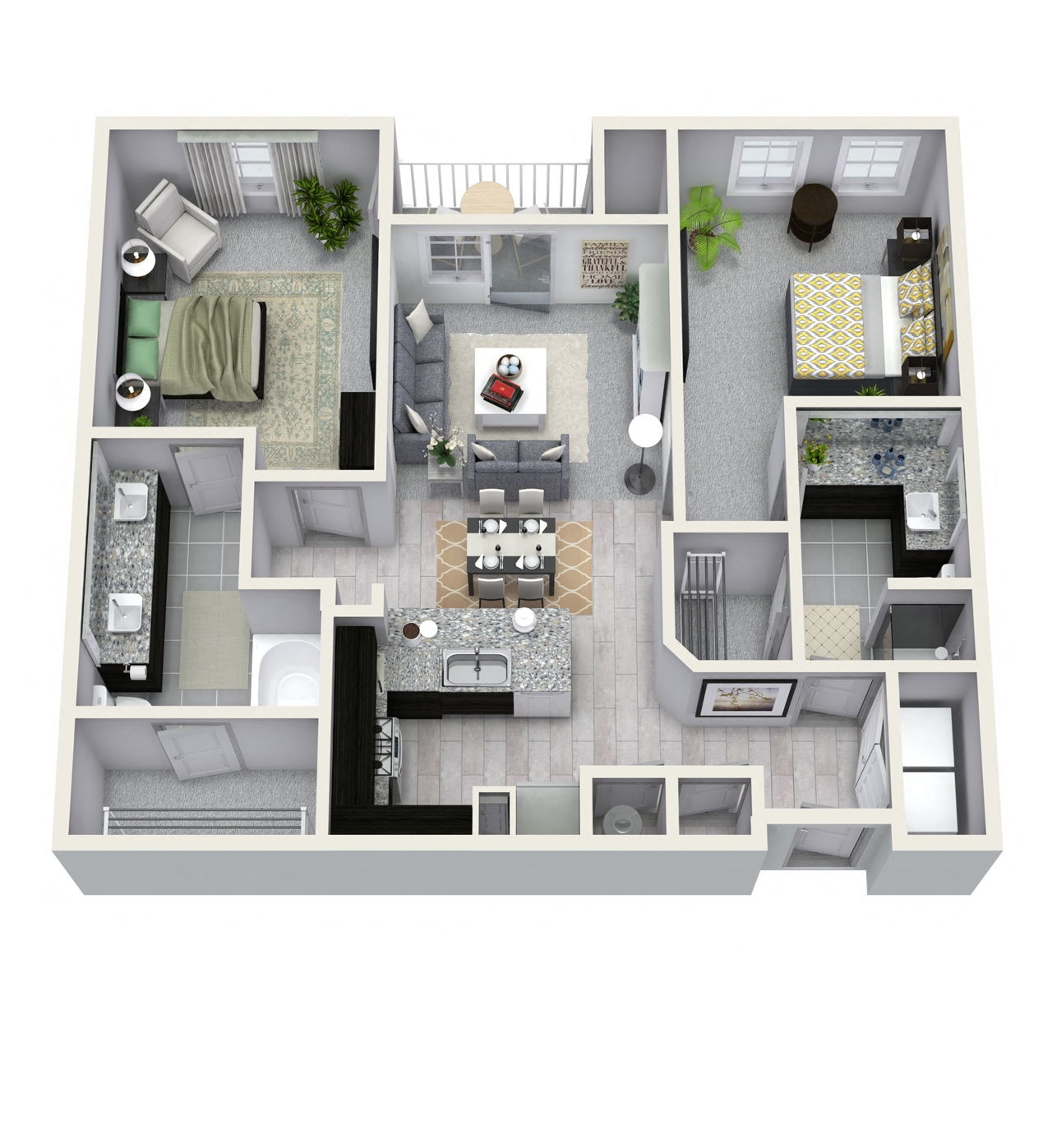 Floor plan for 2 beds, 2 baths, 1107 sqft