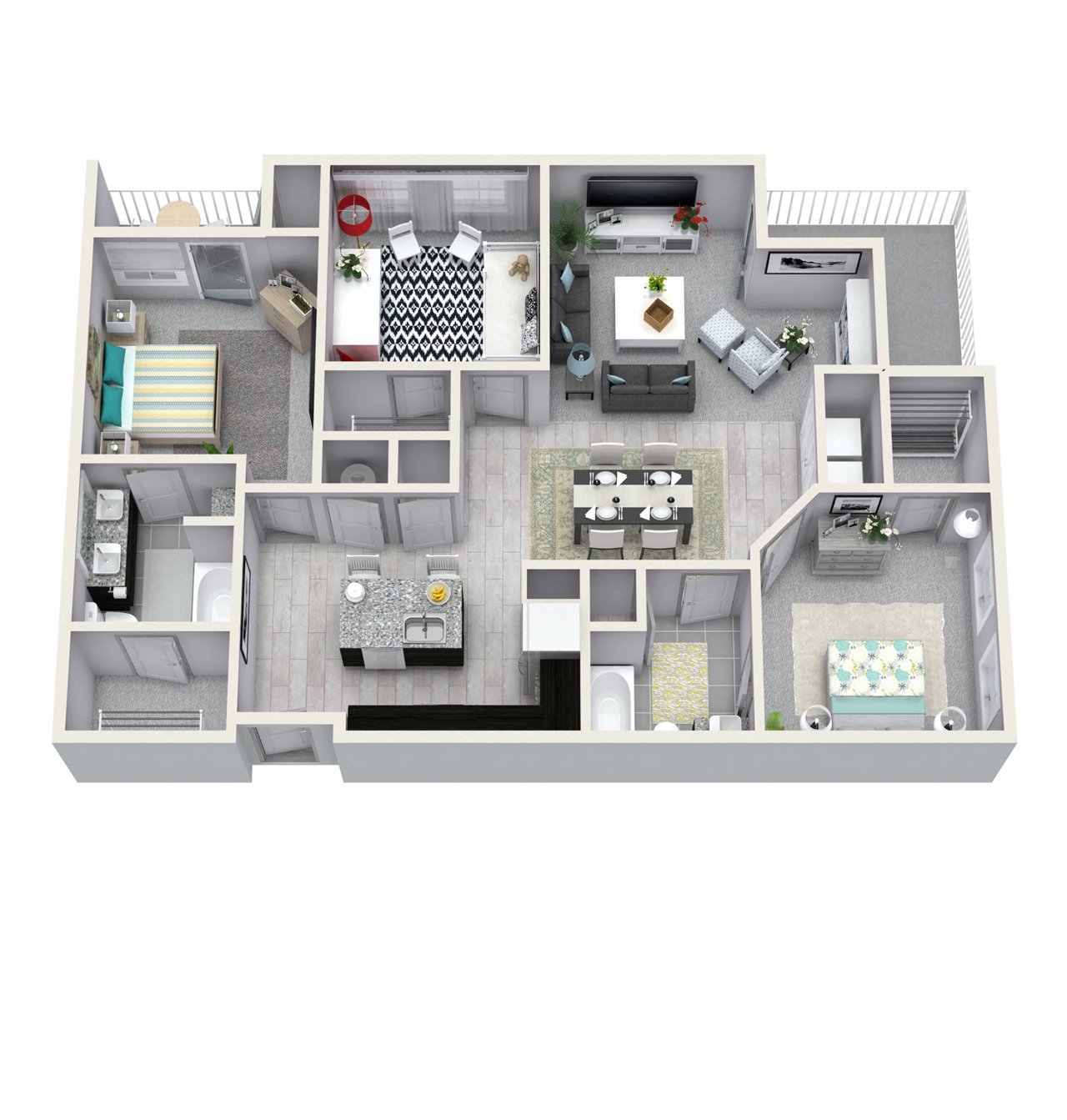 Floor plan for 3 beds, 2 baths, 1370 sqft