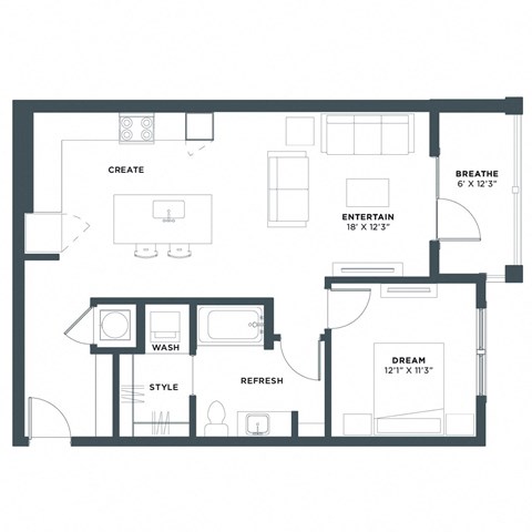 Floor plan for 1 bed, 1 bath, 766 sqft