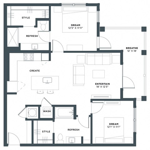 Floor plan for 2 beds, 2 baths, 1057 sqft